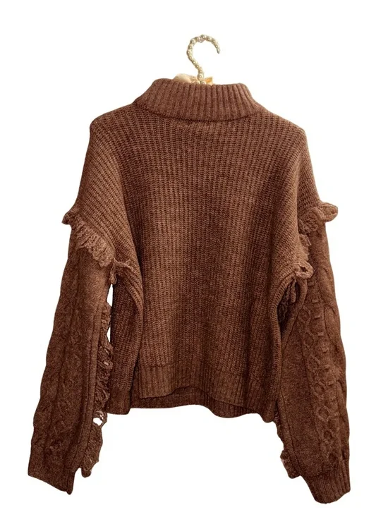 Cozy Brown Cable-Knit Turtleneck Sweater with Fringe Sleeve Detail - Picture 6 of 6